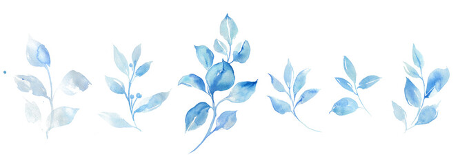 Blue leaves watercolor clipart. Vintage style. Spring design.