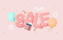 Great Discount Sale Banner Or Poster Design On Bright Pink Background. Sale Word Composition With Gift Box, Balloons, Confetti.