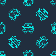 Sticker - Green line Car icon isolated seamless pattern on blue background. Front view. Vector.