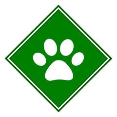 Wall Mural - White paw print on a green rhomb sign icon symbol isolated