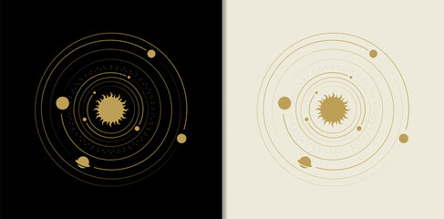 sun decorated with orbits of stars or planets. abstract engraving illustration with esoteric, boho, 