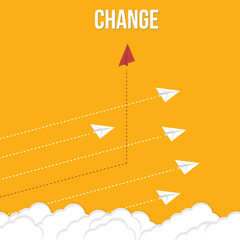 Think differently concept. Red airplane changing direction. 