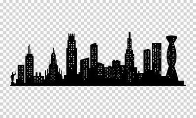 Wall Mural - City silhouette. Modern urban landscape. Cityscape buildings silhouette on transparent background. City skyline with windows in a flat style