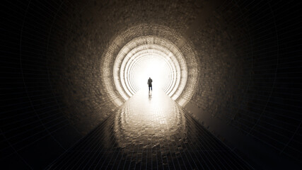 Wall Mural - Concept or conceptual dark tunnel with a bright light at the end or exit as metaphor to success, faith, future or hope, a black silhouette of walking man to new opportunity or freedom 3d illustration