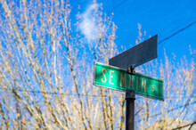 Selective Focus Of A Green Street Sign Under A Blue Sky