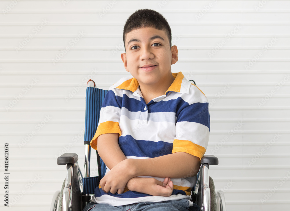 Portrait of disable kid boy on wheelchair with happy smile face Stock ...