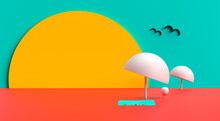 3D Rendering Of The Sun On A Blue Sky Above The Beach Umbrellas And Towels