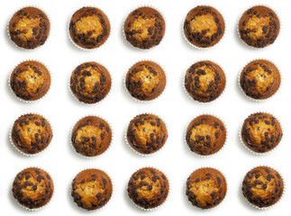 Top view of delicious cupcakes with chocolate chips, on a white surface