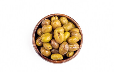 Wall Mural - Cracked green olives on the white background. Turkish style olive (Turkish name; kirma zeytin)