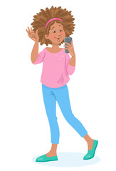 Sticker - Cute African American girl with a smartphone in her hand. The young woman is a blogger. In cartoon style. Isolated on white background. Vector flat illustration