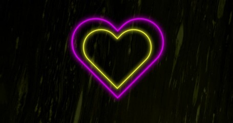 Sticker - Animation of pink and yellow concentric neon hearts flashing on dark paint splattered background