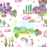 unicorn and castle of princess  seamless pattern. fairy tale kingdom watercolor illustration