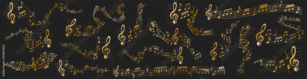 vector sheet music - gold musical notes melody on dark background	 - obrazy, fototapety, plakaty 