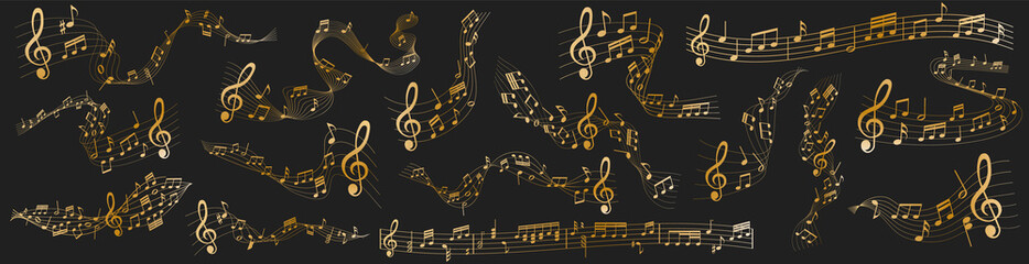 vector sheet music - gold musical notes melody on dark background	