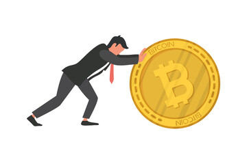 Wall Mural - businessman pushing bitcoin crypto currency icon