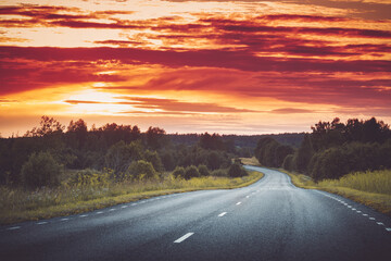 Wall Mural - Beautiful road panorama on sunny spring evening