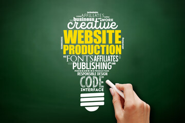 Website production light bulb word cloud, technology concept on blackboard