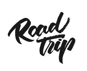 Fototapete - Vector Vintage grunge hand lettering print of Road Trip on white background.