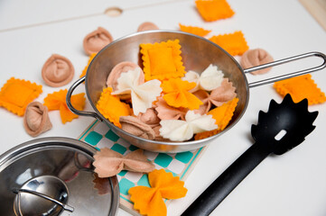 Kitchen game. Hemmed felt dumplings and pasta. Hand made toy for children. preschool game, Montessori methodology, imagination training.