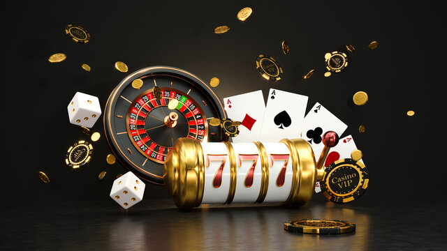 casino background. slot machine with roulette wheel. online casino concept. falling poker chips. 3d 