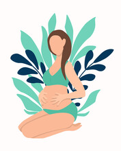 Vector Hand Drawn Illustration Of A Pregnant Girl Hugging Her Belly. Plants Next To Her. Trending Flat Illustration On Pregnancy And Motherhood For Magazines, Websites, Apps