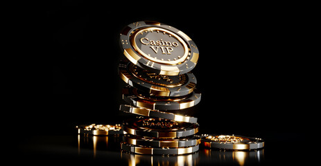 Wall Mural - Casino chips on black background. Casino game golden 3D chips. Online casino background banner or casino logo. Black and gold chips. Gambling concept, poker mobile app icon. 3D rendering.