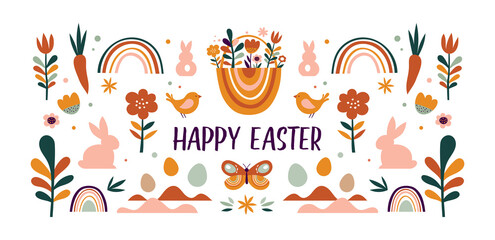  Boho Easter concept design, bunnies, eggs, flowers and rainbows in pastel and terracotta colors, flat vector illustrations
