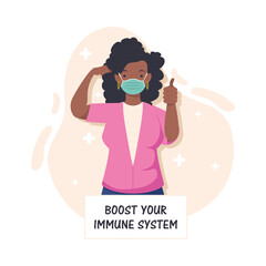 Wall Mural - boost your immune system lettering with afro woman wearing medical mask