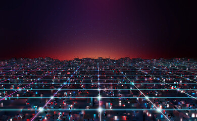 Aufkleber - Cyberpunk Digital city. Global Cyberspace. 3D illustration of wireless internet technologies. Database protection and secure transmission of information on blockchain network