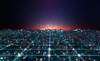 Aufkleber - Cyberpunk Digital city. Global Cyberspace. 3D illustration of wireless internet technologies. Database protection and secure transmission of information on blockchain network