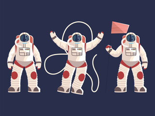 Canvas Print - astronauts character in spacesuits helmet uniform with flag space