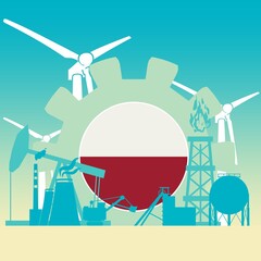 Energy and power icons set with flag of Poland. Sustainable energy generation and heavy industry.