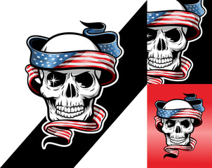 Sticker - illustration of skull head with American flag, guns and red roses