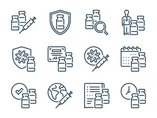 Vaccine and Vaccination related vector line icons. Vaccine dose and Anti virus injection outline icon set.