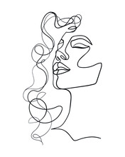 One Line Drawing Face And Hair. Abstract Woman Portrait.  Modern Minimalism Art. - Vector Illustration