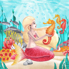 Wall Mural - Watercolor mermaid sits on the sandy ocean bottom and plays with the seahorses