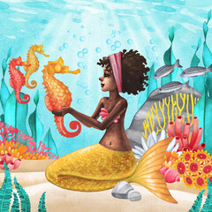 Wall Mural - Watercolor african mermaid sits on the sandy ocean bottom and plays with the seahorses