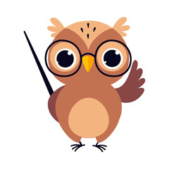 Sticker - Wise Brown Owl, Cute Bird Teacher Cartoon Character with Pointer Vector Illustration