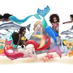 Wall Mural - The group of watercolor mermaids with the diverse appearance