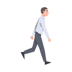 Sticker - Walking Man Character Taking Steps Forward Side View Vector Illustration