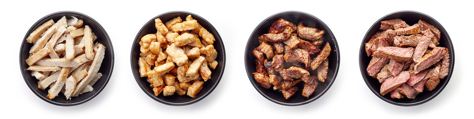 bowls of various grilled meat from above