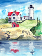 Watercolor Illustration Of A White Lighthouse On A Grassy Hill With Two Annexes With Red Roofs Over A Blue Sea