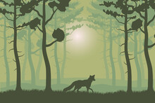Trees Plants And Fox In Green Forest Landscape Scene