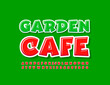 © Popskraft - Vector bright emblem Garden Cafe. Red creative Font. Comic style Alphabet Letters and Numbers set