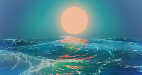 Wall Mural - seascape. sunset is a large disk of the orange sun. glitter reflection sea waves. 3d render