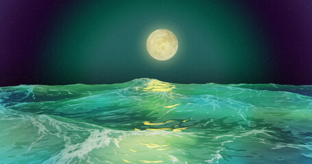 Wall Mural - lunar seascape. night stars moonlight path sea waves greenish color. 3d render