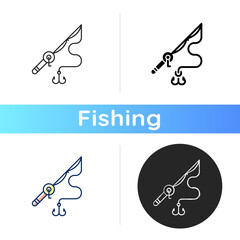 Wall Mural - Fishing rod and reel icon. Basic fishing gear. Carbon matherial. Fishing tournament. Fishery tool. Ocean fishing, spinnerbait. Linear black and RGB color styles. Isolated vector illustrations