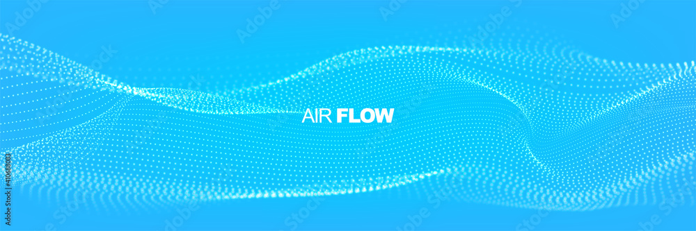 Flowing particles with depth of field. Air flow. Particle waves showing a stream of clean fresh air. Vector illustration. - obrazy, fototapety, plakaty 