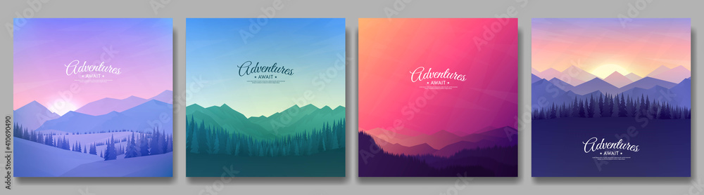 Vector illustration. A set of mountain landscapes. Geometric minimalist flat style. Sunrise, misty terrain with slopes, mountains near the forest. Design for banner, blog post, social media template - obrazy, fototapety, plakaty 