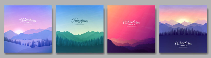 Wall Mural - vector illustration. a set of mountain landscapes. geometric minimalist flat style. sunrise, misty t